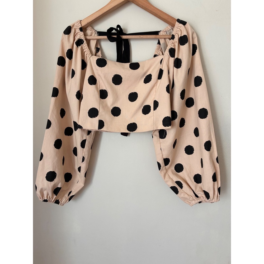 Vestique Polka Dot Linen Blend Crop Top Tan Black Puff Sleeve Smocked Back S